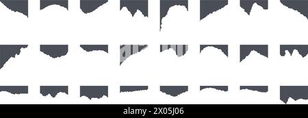 Black torn paper pieces set. Grunge paper strip collection. Blank note scraps with jagged edge. Ripped sheet page elements for banner, poster, notebook, brochure, card, background. Vector bundle Stock Vector