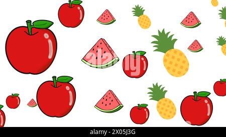 Set artistic seamless patterns abstract fruits, simple shapes, leaves, tangerines, apple, oranges, pears, strawberries, citrus bright summer Stock Vector