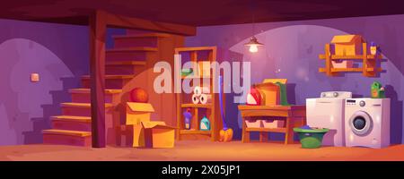 Basement room interior with laundry equipment. Cartoon vector house cellar inside with wooden stairs, washing and dryer machine, wood rack with storage boxes and detergent bottles, clothes in basket. Stock Vector