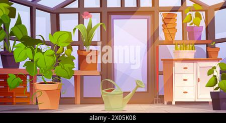 Greenhouse interior with furniture and plants. Vector cartoon illustration of flower blooming, monstera growing in clay bucket, green grass in flowerpot, metal waterer, room with glass walls and door Stock Vector