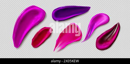 Color lip gloss smears set isolated on transparent background. Vector realistic illustration of lipstick smudge, red, pink and purple liquid paint samples, makeup cosmetic product, creamy texture Stock Vector