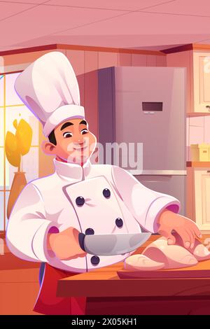 Male chef cooking in kitchen. Vector cartoon illustration of happy young man in white uniform cutting dough with knife on wooden table, professional cook working in bakery shop or pizza restaurant Stock Vector