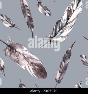 Bird feathers monochromatic watercolor seamless pattern. Monochrome quills, grey black with graphic ink line. Wings drawing illustration Wallpaper Stock Photo