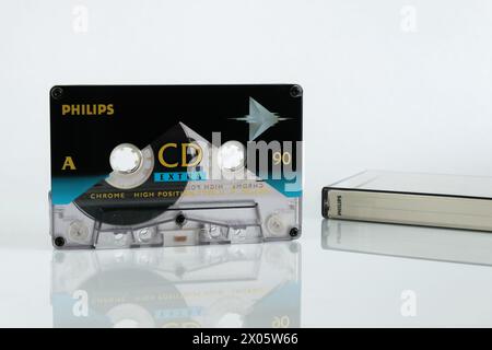 Audio cassette Philips CD Extra 90 on white background isolated with reflection Stock Photo