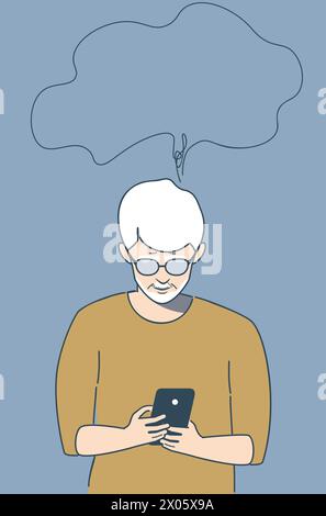 Flat style elder man holding smartphone in hands. Stock Vector