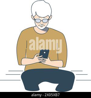 Flat style elder man holding smartphone in hands. Stock Vector