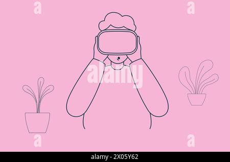 Flat illustration of a man in VR glasses, modern gadget. Stock Vector