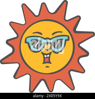 Retro cartoon sun face with glasses. Groovy sticker with smiling character. Cute summer design illustration. Funny 700s mascot isolated on white Stock Vector