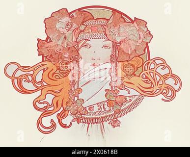Alphonse Mucha as part of the work by Robert de Flers entitled Ilsee, Princess of Tripoli - Ornate Page - Woman with Flower Headress - Art Nouveau 1897 Stock Photo