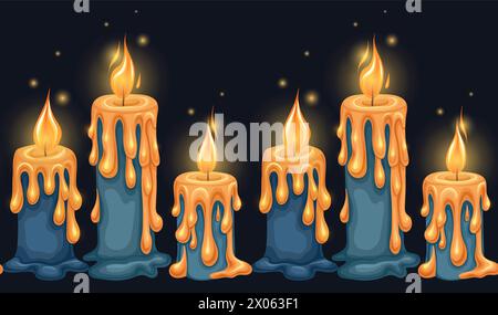 Vector mystic border of cartoon blue candles with lights and sparkle on dark background. Horizontal frieze of flowing wax candles for mobile games Stock Vector