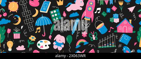 Colorful seamless pattern with daycare doodle elements. Unicorn, hopscotch, toys, crown, umbrella, house, tree and other elements Stock Vector