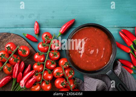 Italian tomato sauce. Homemade spicy tomato sauce or ketchup with cherry tomato and chili pepper for pasta and pizza in pan old wooden rustic backgrou Stock Photo