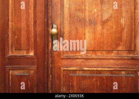 old wooden door and brass handle detail Stock Photo