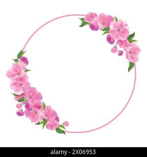 Vector wreath of sakura. Round frame with branches of cherry blossoms. Pink fluffy Sato-zakura flowers on a white background. Composition for a weddin Stock Vector