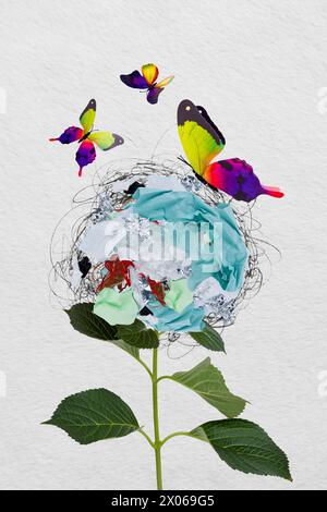 Composite trend artwork sketch image 3d photo collage of huge nature flower ecological pollution trash instead of blossom butterflies fly Stock Photo