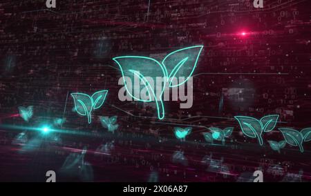 Eco friendly carbon neutral technology with ecology leaf symbol digital concept. Network, cyber technology and computer background abstract 3d illustr Stock Photo