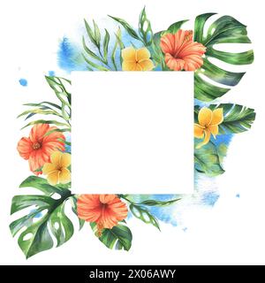 Tropical palm leaves, monstera and flowers of plumeria, hibiscus, bright juicy. Hand drawn watercolor botanical illustration. Template, frame square Stock Photo