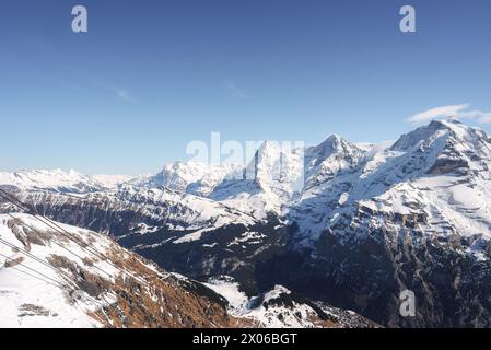 Swiss Alps snowy peaks view from Murren ski resort. Stock Photo