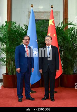 Beijing, China. 10th Apr, 2024. Zhao Leji, chairman of the National People's Congress (NPC) Standing Committee, meets with President of the Federated States of Micronesia Wesley W. Simina in Beijing, capital of China, April 10, 2024. Credit: Zhang Ling/Xinhua/Alamy Live News Stock Photo