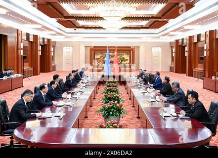 Beijing, China. 10th Apr, 2024. Zhao Leji, chairman of the National People's Congress (NPC) Standing Committee, meets with President of the Federated States of Micronesia Wesley W. Simina in Beijing, capital of China, April 10, 2024. Credit: Zhang Ling/Xinhua/Alamy Live News Stock Photo