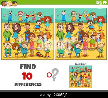 Cartoon illustration of finding the differences between pictures educational activity with children characters Stock Vector