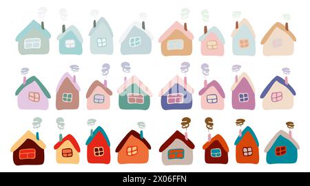 Set of Small Flat Cartoon houses. Isolated vector Collection. Cute bright children illustration with Crooked Homes. Hand Drawn Elements with Roof, Win Stock Vector