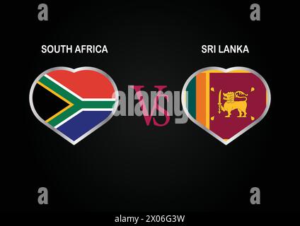 South Africa VS  Sri Lanka, Cricket Match concept with creative illustration of participant countries flag Batsman and Hearts isolated on black Stock Vector