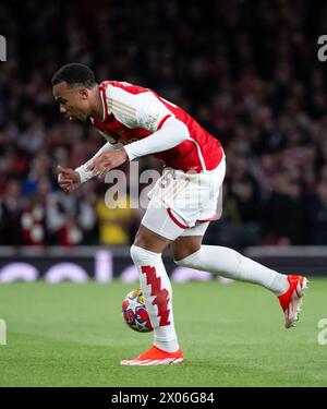 London, UK. 09th Apr, 2024. Soccer: Champions League, FC Arsenal - Bayern Munich, knockout round, quarter-final, first leg at the Emirates Stadium. Gabriel of London in action. Credit: Sven Hoppe/dpa/Alamy Live News Stock Photo