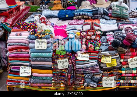 Woven Goods and Souvenirs For Sale At The Artisan Market On The Plaza, Purmamarca, Jujuy Province, Argentina. Stock Photo