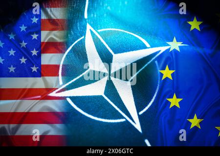 NATO flag and flags of the USA and Europe Stock Photo