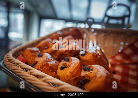 Luxury chocolate chip brioche buns on table, Zermatt. Stock Photo