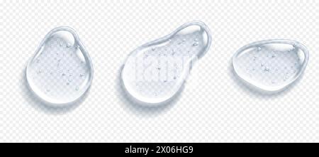 Collagen gel clear drops realistic vector illustration set. Cosmetic serum spots. Anti aging skincare product 3d objects on transparent background Stock Vector