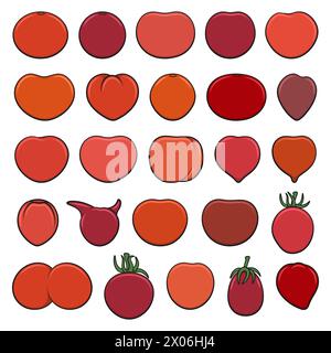 Set of color illustrations with red tomatoes. Isolated vector objects on white background. Stock Vector