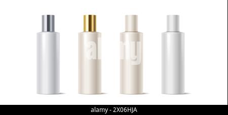 Mockup cosmetic products bottles with plastic caps realistic vector illustration set. Cosmetics packages 3d objects on white background Stock Vector
