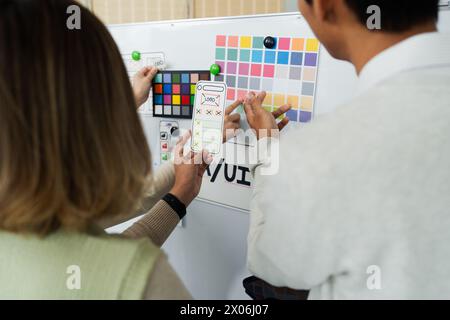 Close up ux developer and ui designer brainstorming interface wireframe design.Creative digital development agency Stock Photo