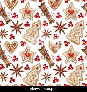 Watercolor seamless pattern with Christmas elements, gingerbread cookies. Hand painted gingerbread cookies, sweets, red berries, anise and cinnamon st Stock Photo