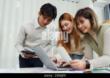Close up ux developer and ui designer brainstorming interface wireframe design.Creative digital development agency Stock Photo