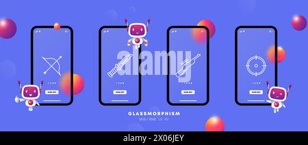 Weapon set icon. Sniper rifle, scope, bolt gun, gradient, knife, handle, bow, string, arrow, crosshair. Concept of hunting and hunting equipment. Glas Stock Vector