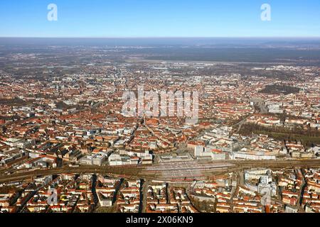City view from the south in sunny winter weather, below main station, behind old town, above Nuremberg Airport, aerial view, 2023-02-07, Germany, Bava Stock Photo