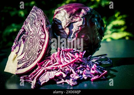 Red cabbage, purple cabbage, red kraut, blue kraut (Brassica oleracea var. capitata f. rubra), head of red cabbage, quartered and cut into strips Stock Photo