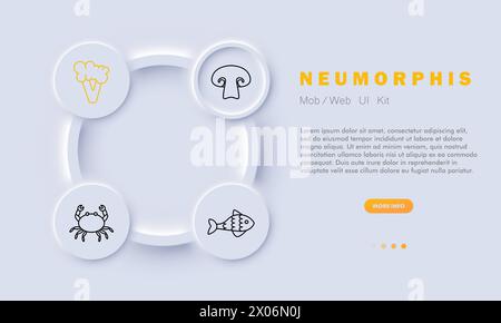 Products set icon. Fish, crab, seafood, cut mushroom, broccoli, delicacy, unusual food, scales, fins, health care, diet, circle, button. Healthy eatin Stock Vector