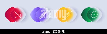 Weapon set icon. Sniper rifle, scope, bolt gun, gradient, knife, handle, bow, string, arrow, crosshair. Concept of hunting and hunting equipment. Glas Stock Vector