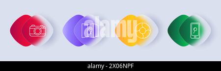 Travel set icon. Camera, telephone, sovereign technology, maps, geolocation, location, lifebuoy, search, magnifying glass, gradient, hobby, rest. Tour Stock Vector