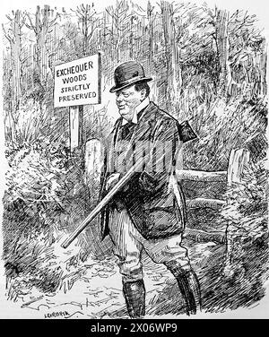 The Poacher Turned Keeper by Leonard Raven Hill, 19 November 1924, showing Winston Churchill carrying a shooting rifle. Photograph from a line drawing originally printed in the Punch and London Charivari periodical in 1924. This is a good example of the skilful artists and the humour and satire of the time. Stock Photo