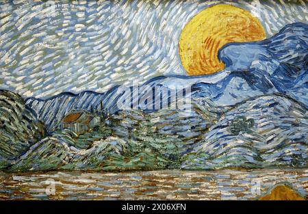 “Evening Landscape with Rising Moon“ (1889) by Vincent Van Gogh. Kröller-Müller Museum, Het Nationale Park De Hoge Veluwe. Gelderland, Netherlands Stock Photo