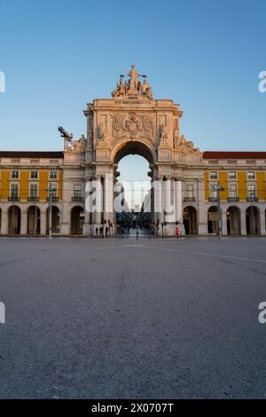 Arco da Rua Augusta, memorial arch in early morning. Lisbon, Portugal. February 2, 2024. Stock Photo