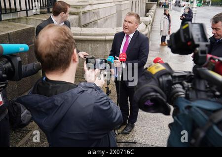 Minister for Finance Michael McGrath speaking to media as he arrives for a cabinet meeting at Government Buildings in Dublin. Simon Harris yesterday completed his first task after becoming Ireland’s youngest Taoiseach by filling Cabinet vacancies. Picture date: Wednesday April 10, 2024. Stock Photo