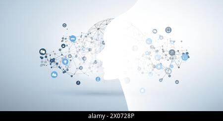 Machine Learning, Artificial Intelligence, Cloud Computing and Networks Design Concept with Human or Robot Face Silhouette, Icons and Polygonal Networ Stock Vector