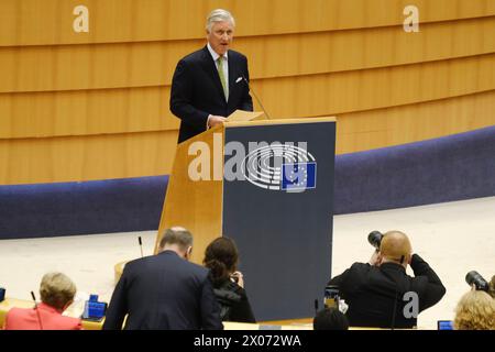 Brussels, Belgium. 10th Apr, 2024. King Philippe of Belgium adresses at plenary session of the European Parliament in Brussels, Belgium on April 10, 2024. Credit: ALEXANDROS MICHAILIDIS/Alamy Live News Stock Photo