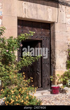 weathered wooden door with blooming flowers and a red bucket, set in a stone wall. Stock Photo